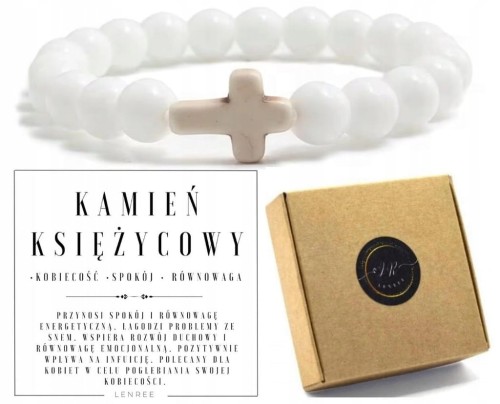 Bransoletka KAMIEŃ KSIĘŻYCOWY Naturalny Biały Krzyżyk Damska LENREE