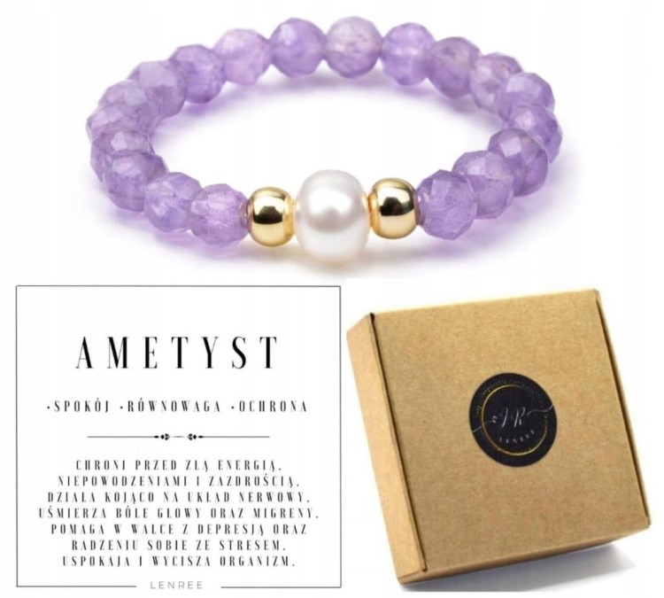 Pierścionek z kamieni naturalnych AMETYST perła damski LENREE