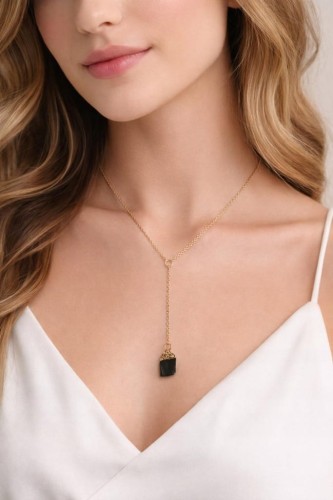 Naszyjnik TURMALIN czarny naturalny kamień surowy damski złoty LENREE