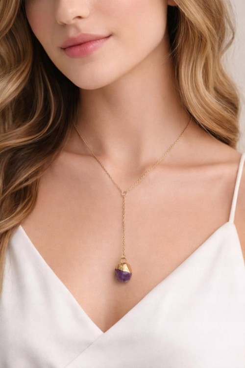 Naszyjnik AMETYST naturalny kamień surowy damski złoty prezent LENREE