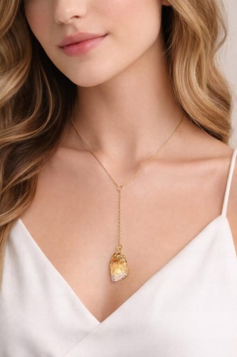 Naszyjnik CYTRYN naturalny kamień surowy damski złoty prezent LENREE