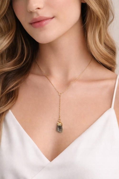 Naszyjnik LABRADORYT naturalny kamień surowy damski złoty LENREE