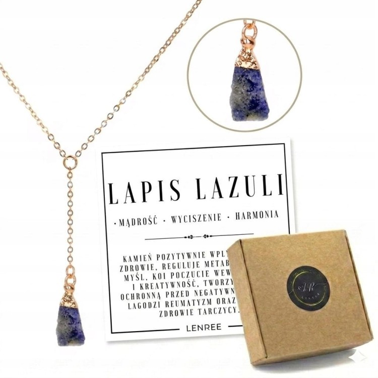 Naszyjnik LAPIS LAZULI naturalny kamień surowy damski złoty LENREE