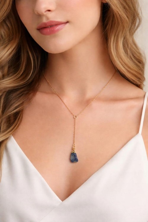 Naszyjnik LAPIS LAZULI naturalny kamień surowy damski złoty LENREE