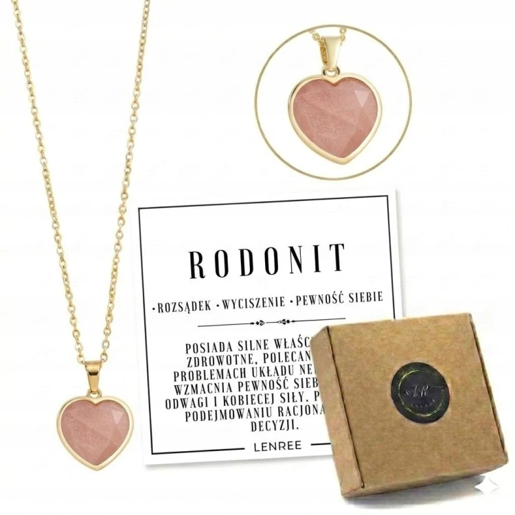 Naszyjnik RODONIT serce damski złoty naturalny kamień prezent LENREE
