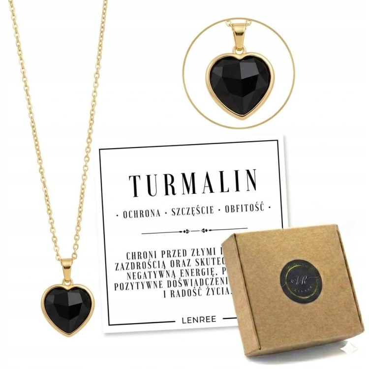 Naszyjnik TURMALIN czarny serce damski złoty naturalny kamień LENREE