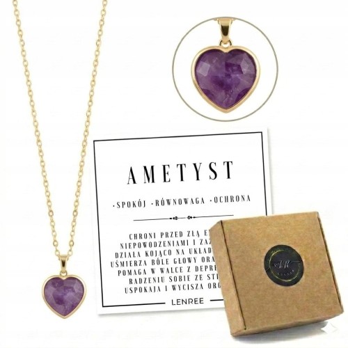 Naszyjnik AMETYST serce damski złoty naturalny kamień prezent LENREE