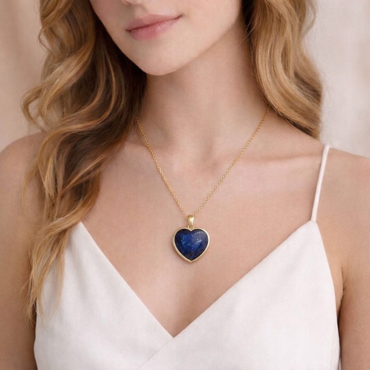 Naszyjnik LAPIS LAZULI serce damski złoty naturalny kamień LENREE