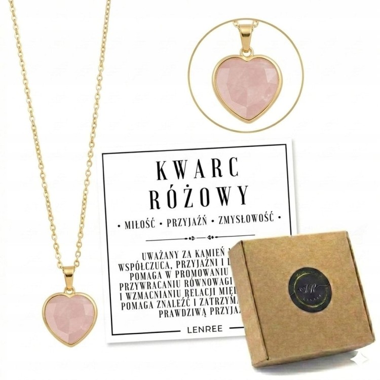 Naszyjnik KWARC RÓŻOWY serce damski złoty kamień miłości LENREE