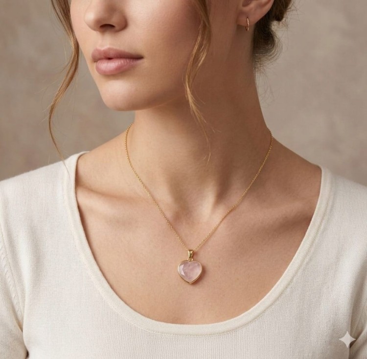 Naszyjnik KWARC RÓŻOWY serce damski złoty kamień miłości LENREE