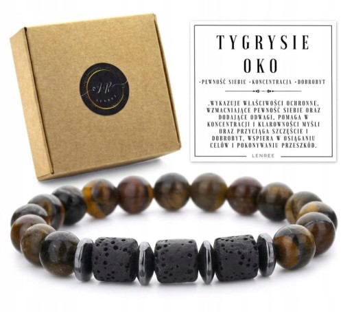 Bransoletka z kamieni naturalnych tygrysie oko i lawa wulkaniczna LENREE