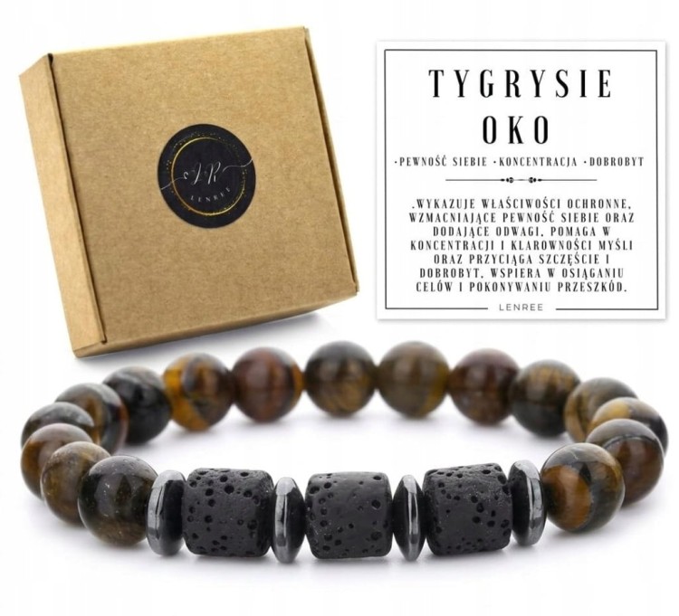 Bransoletka z kamieni naturalnych tygrysie oko i lawa wulkaniczna LENREE