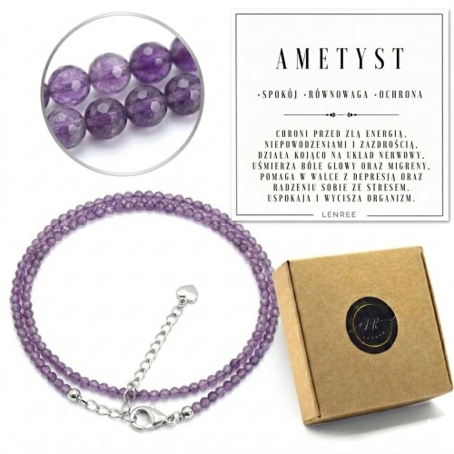 Naszyjnik z kamieni AMETYST fasetowany fioletowy srebrny LENREE
