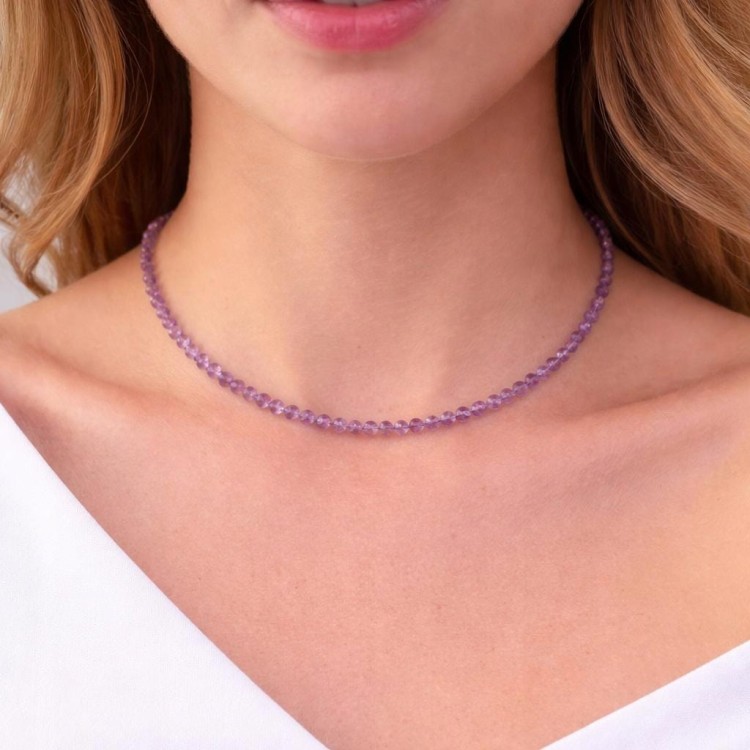 Naszyjnik z kamieni AMETYST fasetowany fioletowy srebrny LENREE