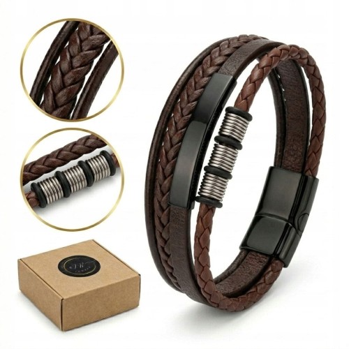 Bransoletka skórzana pleciona brązowa stal magnetyczna LENREE