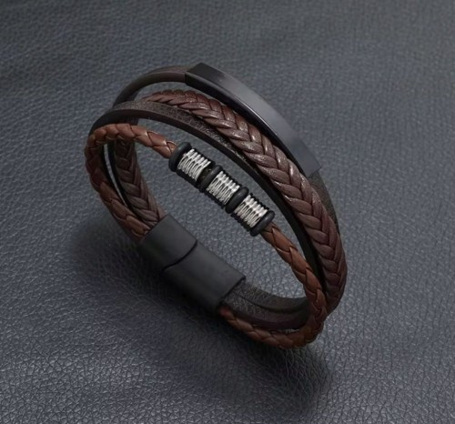 Bransoletka skórzana pleciona brązowa stal magnetyczna LENREE