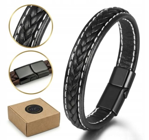 Bransoletka skórzana czarna pleciona stal magnetyczna LENREE
