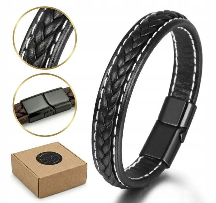 Bransoletka skórzana czarna pleciona stal magnetyczna LENREE