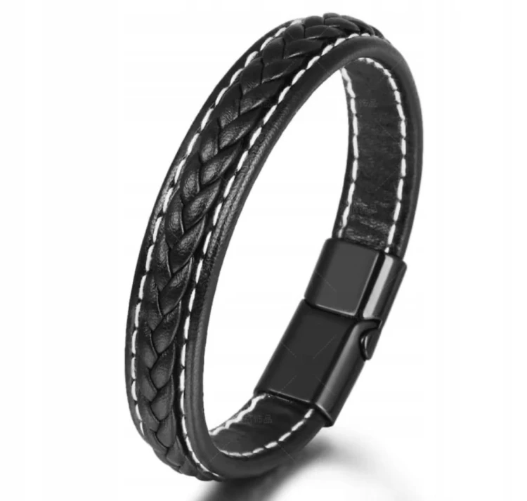 Bransoletka skórzana czarna pleciona stal magnetyczna LENREE