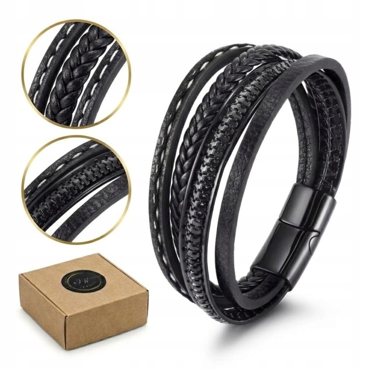 Bransoletka skórzana czarna męska wielowarstwowa stal magnetyczna LENREE