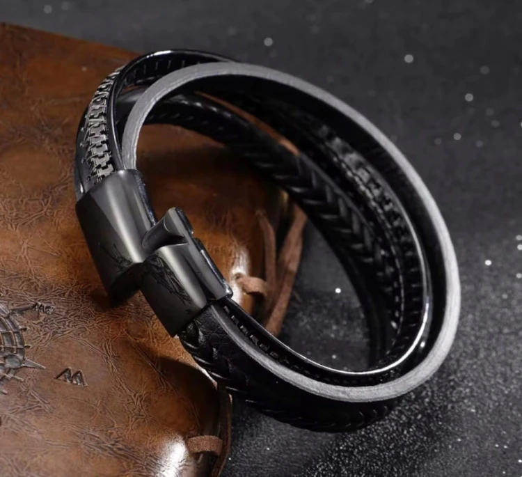 Bransoletka skórzana czarna męska wielowarstwowa stal magnetyczna LENREE