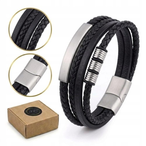 Bransoletka męska skórzana czarna pleciona stal srebrna magnetyczna LENREE