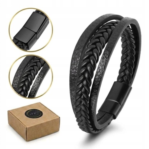 Bransoletka skórzana czarna pleciona minimalistyczna stal LENREE