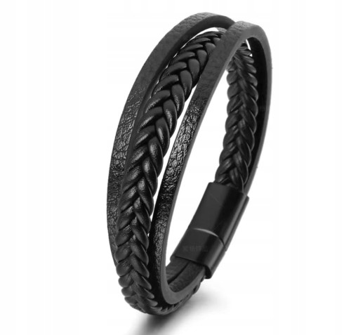 Bransoletka skórzana czarna pleciona minimalistyczna stal LENREE