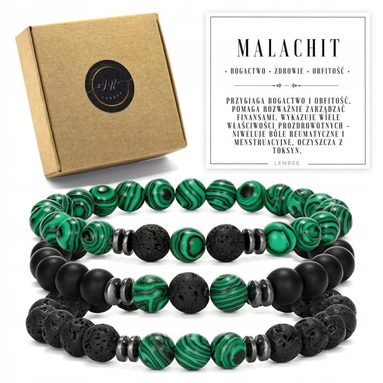 Bransoletka zestaw 3w1 kamienie MALACHIT LAWA WULKANICZNA LENREE