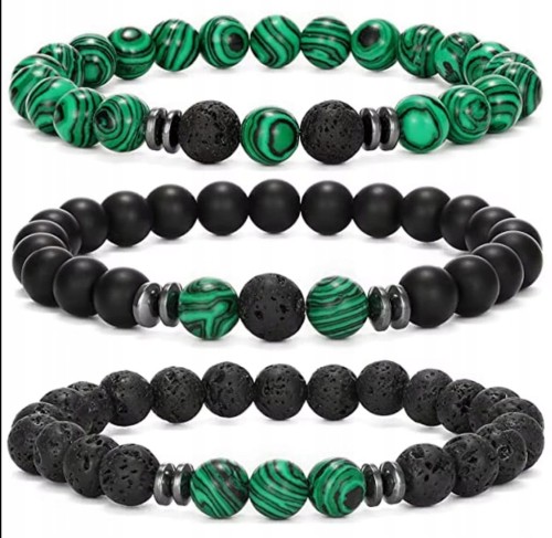 Bransoletka zestaw 3w1 kamienie MALACHIT LAWA WULKANICZNA LENREE