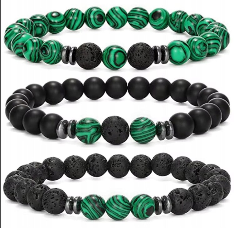 Bransoletka zestaw 3w1 kamienie MALACHIT LAWA WULKANICZNA LENREE
