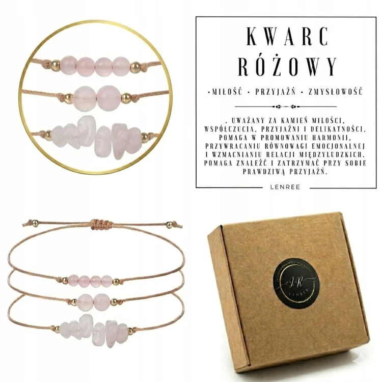 Bransoletka KWARC RÓŻOWY beżowy sznurek stal regulowana miłość