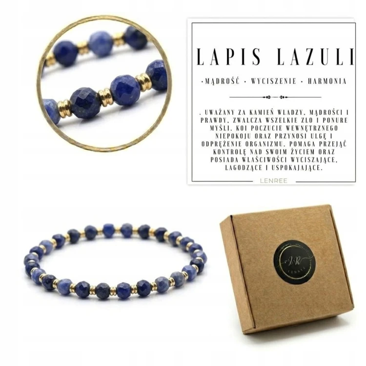 Bransoletka LAPIS LAZULI naturalna złote dodatki mądrość spokój
