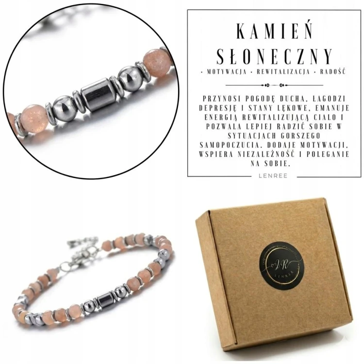 Bransoletka KAMIEŃ SŁONECZNY naturalny stal chirurgiczna prezent