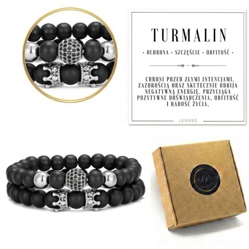 Bransoletka TURMALIN 8mm korona srebrna naturalna męska LENREE