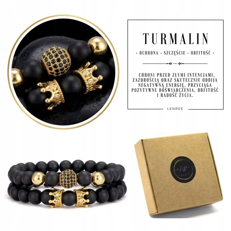 Bransoletka TURMALIN 8mm korona złota naturalna męska LENREE