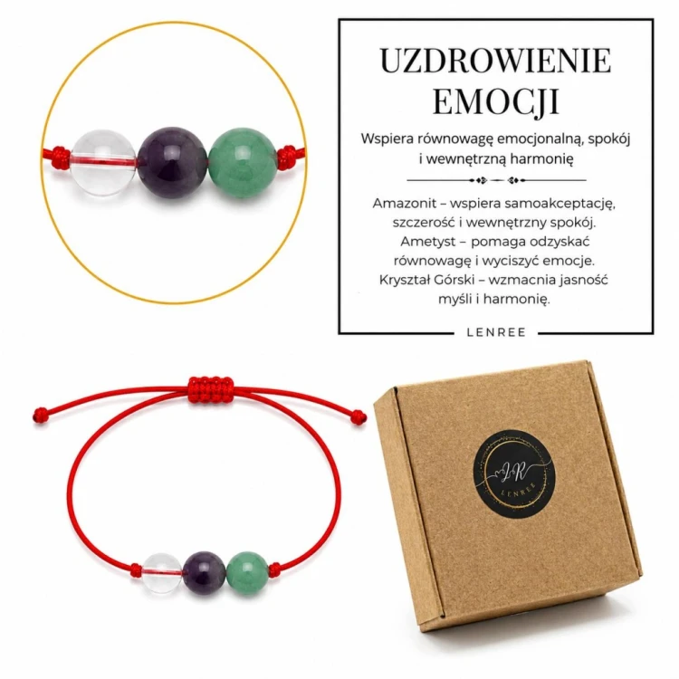 Bransoletka UZDROWIENIE EMOCJI AMAZONIT AMETYST KRYSZTAŁ GÓRSKI LENREE