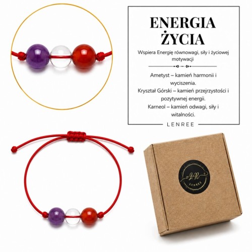 Bransoletka ENERGIA ŻYCIA AMETYST KRYSZTAŁ GÓRSKI KARNEOL LENREE