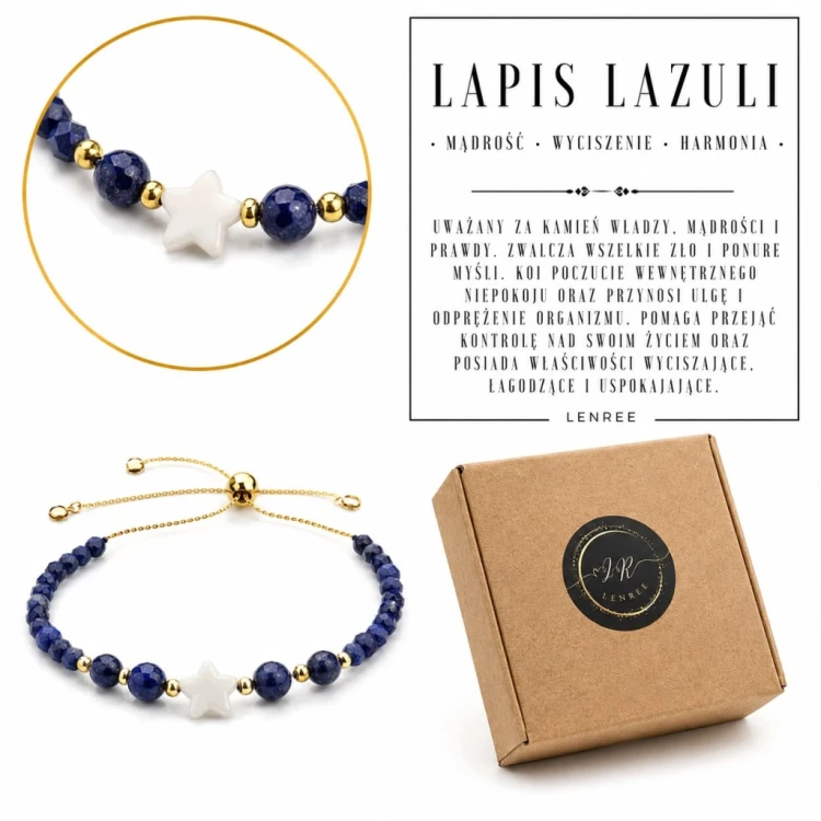 Bransoletka LAPIS LAZULI Masa Perłowa Gwiazdka Regulowana Złota LENREE