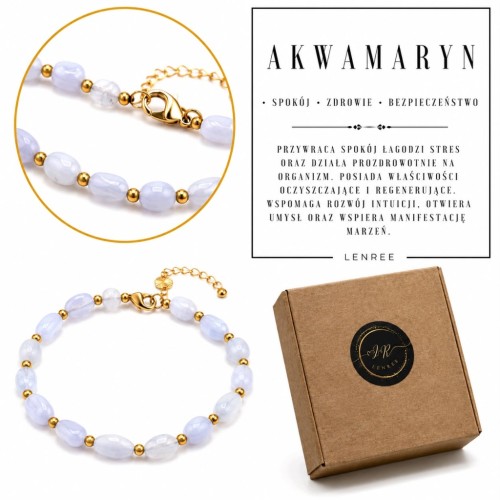 Bransoletka AKWAMARYN Kamienie Naturalne Złota Elegancka LENREE