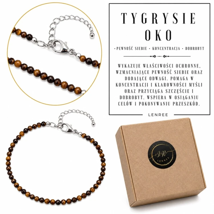 Bransoletka TYGRYSIE OKO Fasetowane Kamienie Naturalne Srebrna LENREE