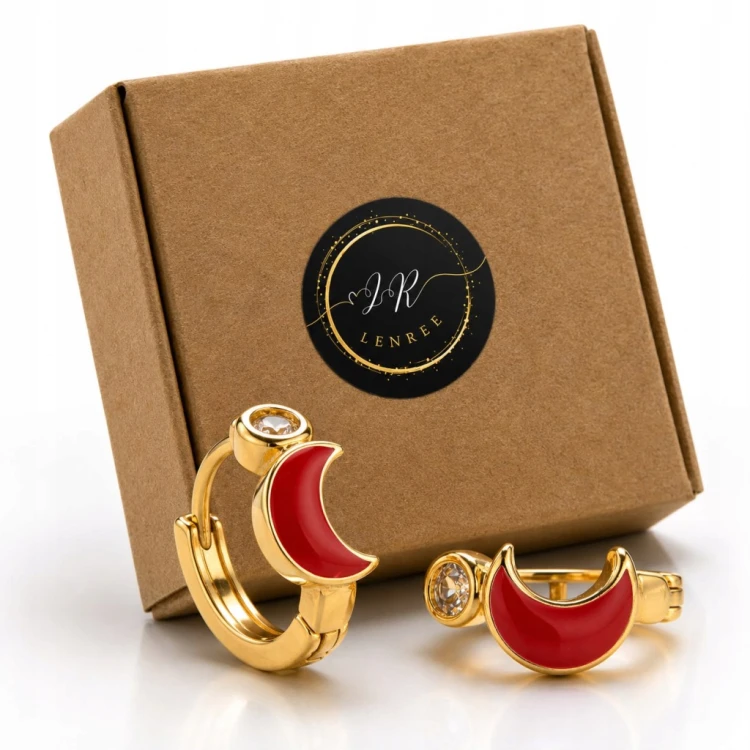 Kolczyki Księżyc Czerwone Cyrkonia Złote Stal LENREE